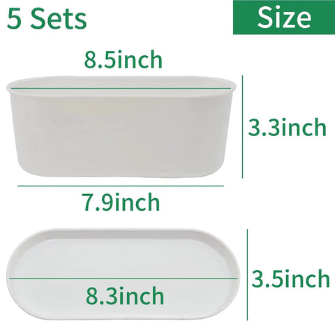 Five Pack White Herb Planter Boxes With Drip Trays Eight Point Five Inch Small Oval Window Planters for dimensions and size