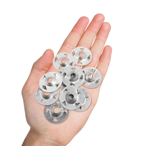Rock Solid 200 Piece Foam Board Fasteners Kit Features Heavy Duty Galvanized Washers And Stainless Steel Screws For No Sweat Insulation Setup Tough Construction Hardware held in hand.