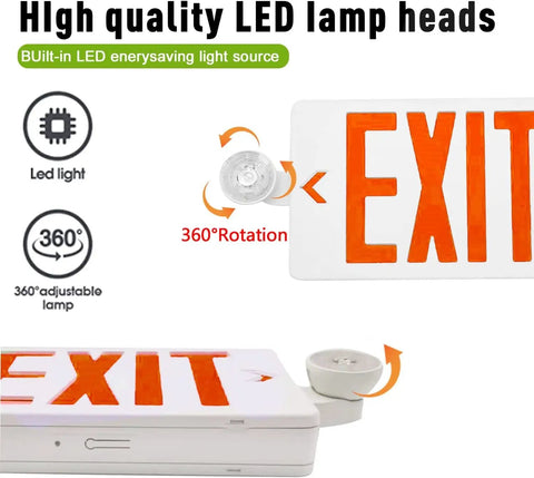 Adjustable LED lamp head on 2 Pack Red LED Exit Signs With Emergency Lights, Battery Backup, 360° rotation feature.