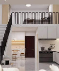 Slick Matte Black U Shape Indoor Outdoor Stair Railing, Heavy Duty Wrought Iron Handrail With Square Tube Cover, Built Tough For Porch Loft And Steps, Tough As Nails Industrial Build 2Pcs Set visible in modern home with stairs and upper loft.