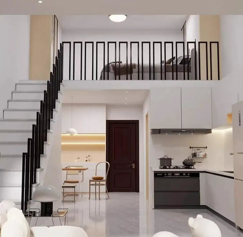 Slick Matte Black U Shape Indoor Outdoor Stair Railing, Heavy Duty Wrought Iron Handrail With Square Tube Cover, Built Tough For Porch Loft And Steps, Tough As Nails Industrial Build 2Pcs Set visible in modern home with stairs and upper loft.