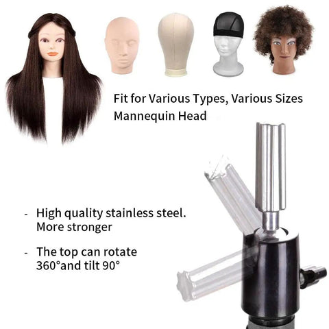 "55 Inch Heavy Duty Wig Head Stand With Pro Grade Adjustable Metal Tripod For Hairdressing Training Rotatable Head Built In Tool Tray Durable Black Wig Stand Tripod Mannequin Head Not Included, featuring various mannequin heads and rotatable top."