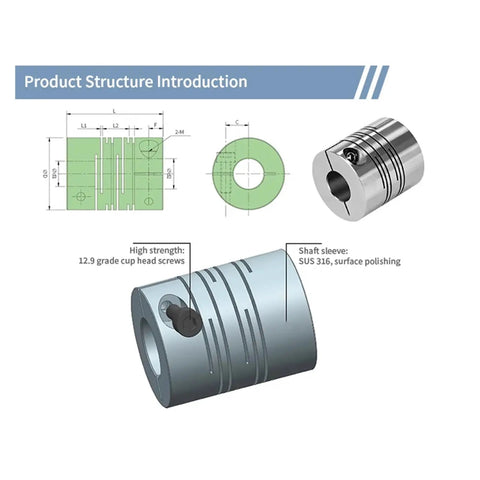Heavy Duty Stainless Steel Flexible Coupling Shaft Connector With Parallel Line Grooves for Motor Encoder Drive, shows design structure and parts.