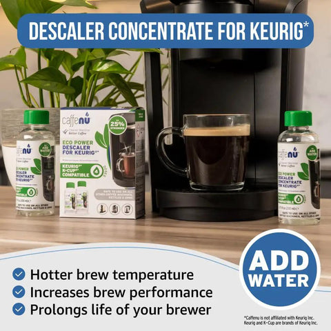 Descaling Kit For Pod Coffee Makers, Two Bottles Of Descaler Solution, shown with coffee maker and mug, for hotter coffee