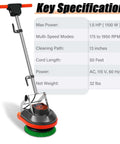 Heavy Duty Orbital Floor Scrubber And Buffer Kit with Commercial Grade Pads and Brushes, front view with specifications