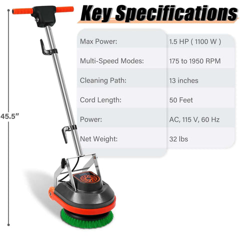 Heavy Duty Orbital Floor Scrubber And Buffer Kit with Commercial Grade Pads and Brushes, front view with specifications