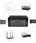 Rock Solid 4U Wall Mount Server Cabinet With Clear Glass Door Network Rack Enclosure showcasing connectivity and storage options.