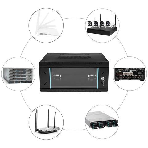 Rock Solid 4U Wall Mount Server Cabinet With Clear Glass Door Network Rack Enclosure showcasing connectivity and storage options.