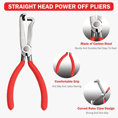 Straight head pliers from Five Piece Electrical Disconnect Pliers Set For Cars Trucks And SUVs, featuring red grips and carbon steel material.