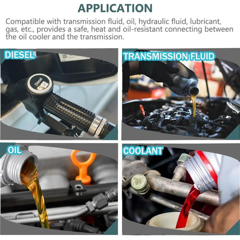 5/16-inch transmission oil cooler hose; 300 PSI auto hose for transmission fluid, oil, coolant and diesel — four-view collage