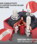 Close-up of 300A 3 Position Battery Switch for Marine and RV Power Disconnect Isolator featuring red copper plated components.