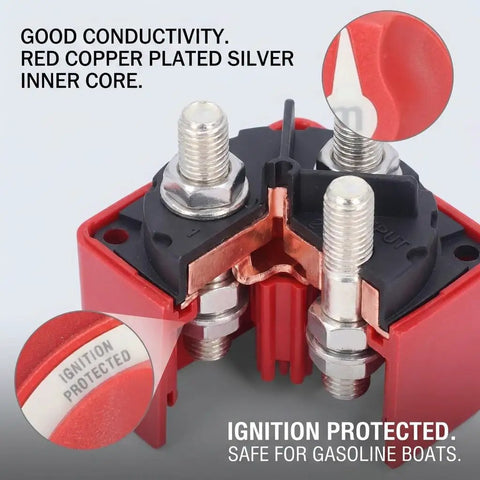 Close-up of 300A 3 Position Battery Switch for Marine and RV Power Disconnect Isolator featuring red copper plated components.