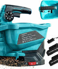 Cordless Electric Fertilizer And Seed Spreader For Lawns No Sweat 3.5Qt Capacity with batteries and controls visible