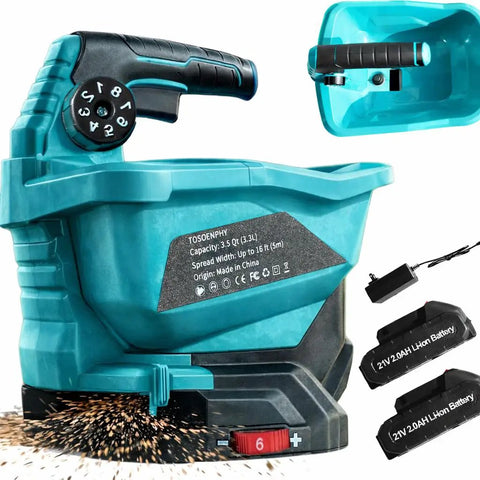 Cordless Electric Fertilizer And Seed Spreader For Lawns No Sweat 3.5Qt Capacity with batteries and controls visible