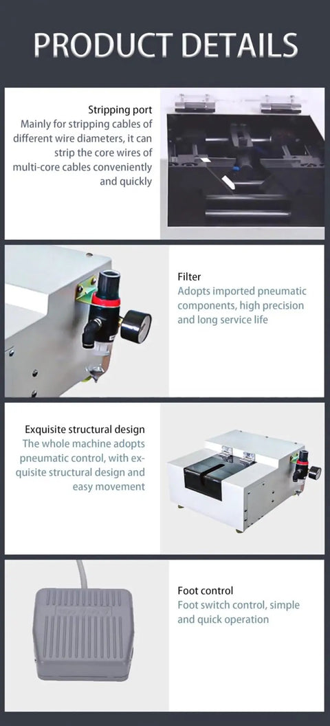 Heavy Duty Pneumatic Wire Stripping Machine With Foot Switch For Scrap Electrical Recycling Strip 2.5 To 35 Mm² Cable showing stripping port details.