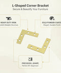 1.57 Inch L Shaped Corner Bracket Gold Iron Angle Brace for Furniture Assembly and DIY Repairs, shown with features and specs.
