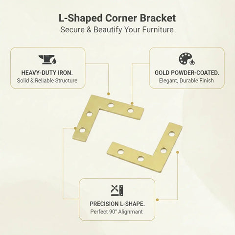 1.57 Inch L Shaped Corner Bracket Gold Iron Angle Brace for Furniture Assembly and DIY Repairs, shown with features and specs.