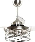 36 Inch Ceiling Fan With Light And Remote, Retractable Blades for Quiet Bedroom Cooling, Brushed Nickel Finish, Caged Light