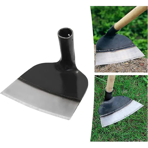 Heavy Duty Garden Hoe Tool with solid manganese steel blade shown in detail and during use in soil and grass.