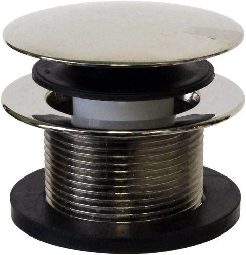 Polished Nickel Tip Toe Bathtub Drain Plug Kit With Linear Overflow Plate And Fittings 5 Pack Coarse Thread Plumbing Bundle, top view of drain plug.