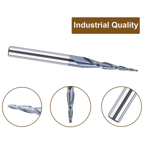 SpeTool tapered ball-nose router bit for CNC milling; 1.0 mm tip dia, 0.5 mm radius, 4.82° angle (chrome finish).