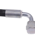 Hydraulic hose side view with 90-degree aluminum elbow fitting and threaded end cap, black braided hose