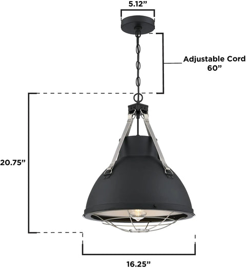 Bartley Vintage-Style One-Light Indoor Pendant Light With Matte Black Finish, Dark Pewter Accents, Cage Shade, dimensions shown