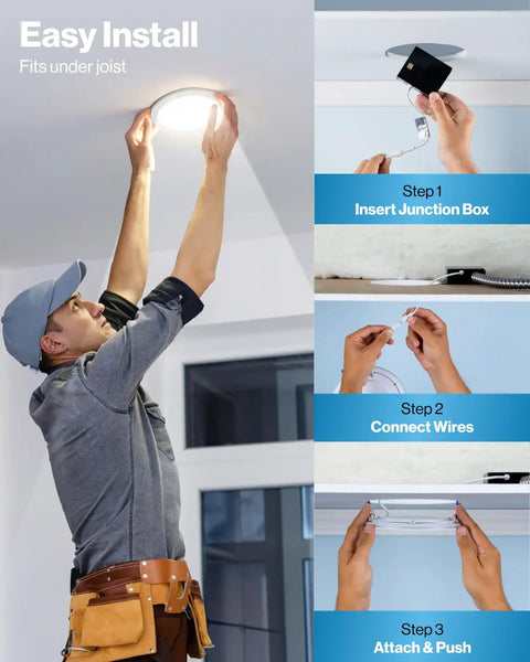 Installation steps for Six Pack 8 Inch Dope Ultra Thin LED Recessed Lights With Canless Smooth Trim And Junction Box.