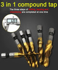 Six Piece Titanium Drill Tap Bit Set With 1/4 Inch Hex Shank For Metric M3 To M10 Taps And Countersink Bits, HSS 4341