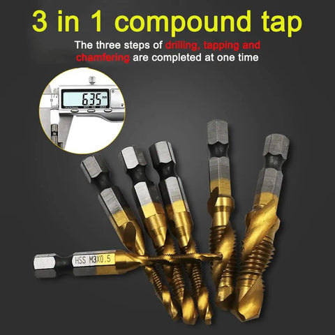 Six Piece Titanium Drill Tap Bit Set With 1/4 Inch Hex Shank For Metric M3 To M10 Taps And Countersink Bits, HSS 4341