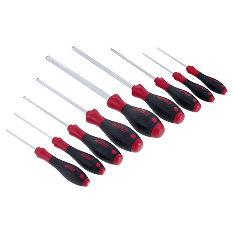 Nine Piece Metric MagicRing Ball End Hex Driver Set With Cushioned Ergonomic Grips SoftFinish Screwdrivers displayed on white background.