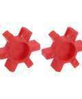 Set of 2 L075 Jaw Coupling Inserts, Urethane Flexible Solid Center Inserts for L-Jaw Couplings, Red, Durable High-Performance Gear Drive Components for Smooth Torque Transmission in Machinery. Two red urethane L-075 jaw coupling inserts on white background.