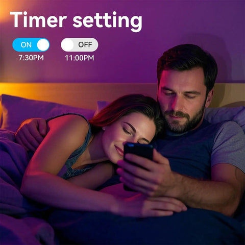 Couple relaxing with Two Rolls Of Hundred Feet LED Strip Lights 24V 5050 RGB Color Changing With App Control Music Sync Remote Non Waterproof For Bedroom Gaming Setup And Home Decor in background.