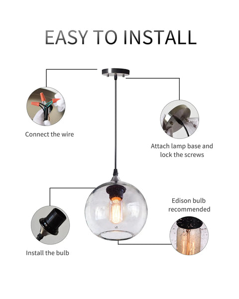 Installation guide for Globe Pendant Lights Set of 3 Hand Blown Glass With Clear Seeded Bubbles showing wiring and bulb steps.