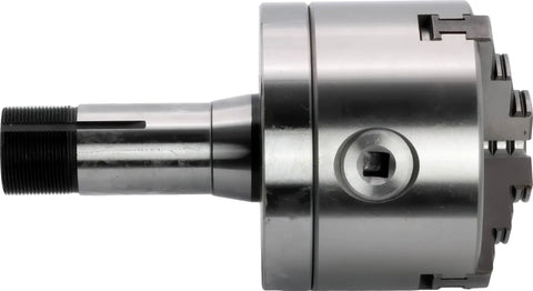 Side view of 4 Inch Self Centering 3 Jaw Lathe Chuck With 5C Mounting Heavy Duty Includes Solid Inner And Outer Jaws Quench Hardened Inner Mechanisms