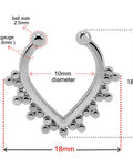 Diagram of Dope Tribal Multi Dot V Shape Design 14 Gauge 316L Surgical Steel Hoop Clip On Fake Septum Nose Ring dimensions.