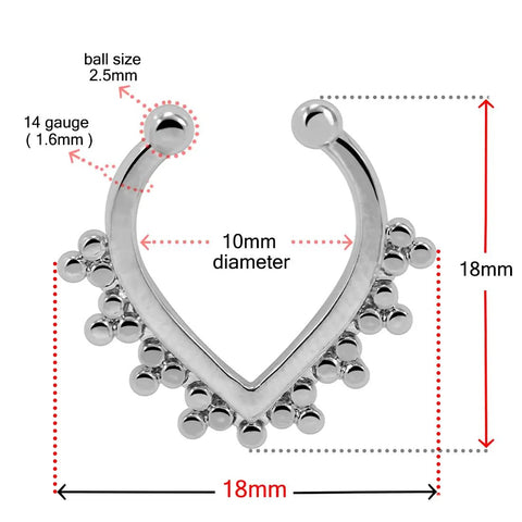 Diagram of Dope Tribal Multi Dot V Shape Design 14 Gauge 316L Surgical Steel Hoop Clip On Fake Septum Nose Ring dimensions.