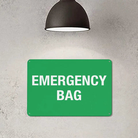 Emergency First Aid Sign For Outdoor Use 8 By 12 Inch Wall Decor featuring 'Emergency Bag' text, mounted under lamp
