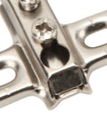 Close-up of steel hinge from Fifty Pack Half Inch Overlay Concealed Cabinet Hinges With Self Closing Soft Close Damper For Glass Cabinets And Bookcase Doors Ideal For Kitchen Cabinets Offices And Display Units Pro Grade Easy Install Durable Steel Construction