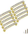 Gold U Shape Crystal Glass Cabinet Knobs Set, 10 Pack Sparkling Drawer Pulls with screws shown, 3.8 Inch Center Spacing