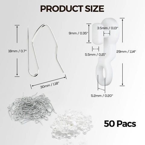 Product size for Plastic White 29mm Traverse Rod Slides and Metal Curtain Hooks Set, Snap In Curtain Track Gliders for Easy Drapery Replacement, 50 Pcs, DIY Home Upgrade