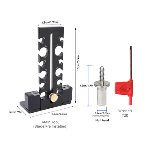 Heavy Duty Adjustable Wood Dowel Maker Jig Kit With Dual Aluminum Blades For Electric Drills, dimensioned main tool with pre-installed blade.