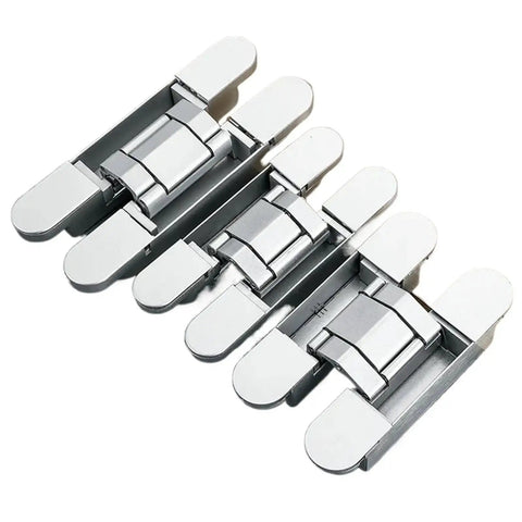 Slick Heavy Lift Invisible Door Hinges With Tight Adjustability For Outward Opening Wood Doors Providing A Clean Hidden Mount And No Drama Silver Finish Hardware Setup, showcasing four silver hinges.
