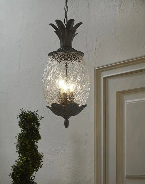 Lanai Collection 3 Light Outdoor Hanging Lantern in Black Coral finish with pineapple-cut glass and leaf motifs