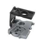 Front view of a 1/8-scale RC Tmaxx brushless motor mounting holder; gray aluminum base with black mounting plate.