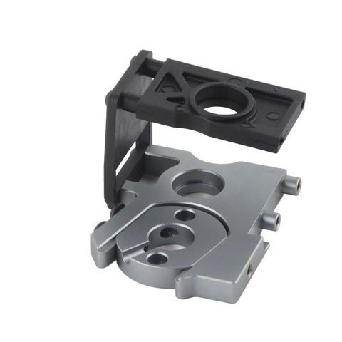 Front view of a 1/8-scale RC Tmaxx brushless motor mounting holder; gray aluminum base with black mounting plate.