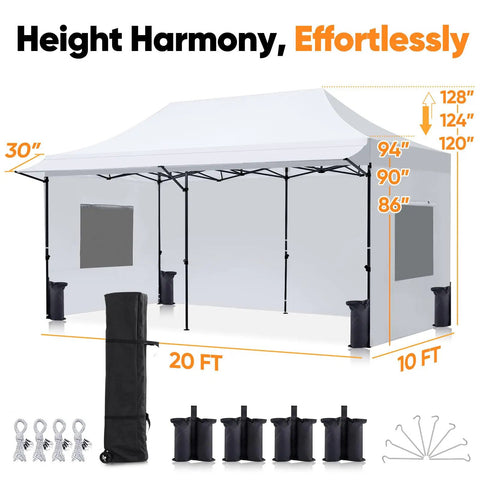 Heavy Duty 10x20 Pop Up Canopy Tent With 3 Removable Sidewalls, Commercial Grade Instant Shelter in Wheeled Bag, setup dimensions