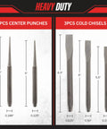 Image of 16 Piece Punch And Chisel Set For Woodworking Metalworking And Auto DIY Projects, showing 2 center punches and 3 cold chisels with dimensions.