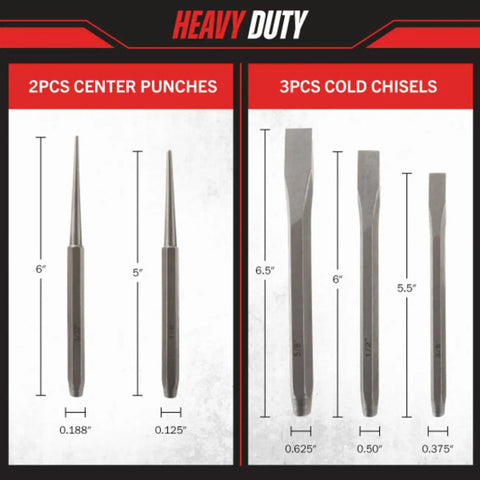 Image of 16 Piece Punch And Chisel Set For Woodworking Metalworking And Auto DIY Projects, showing 2 center punches and 3 cold chisels with dimensions.