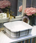 Premium Ceramic Vessel Sink, Snazzy Square Countertop Basin with unique plaid design on the side, perfect for bathroom use.
